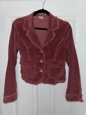 Hint Jeans Corduroy Jacket Short Raw Hem Boho/Hippie Blazer Burgundy Red Small